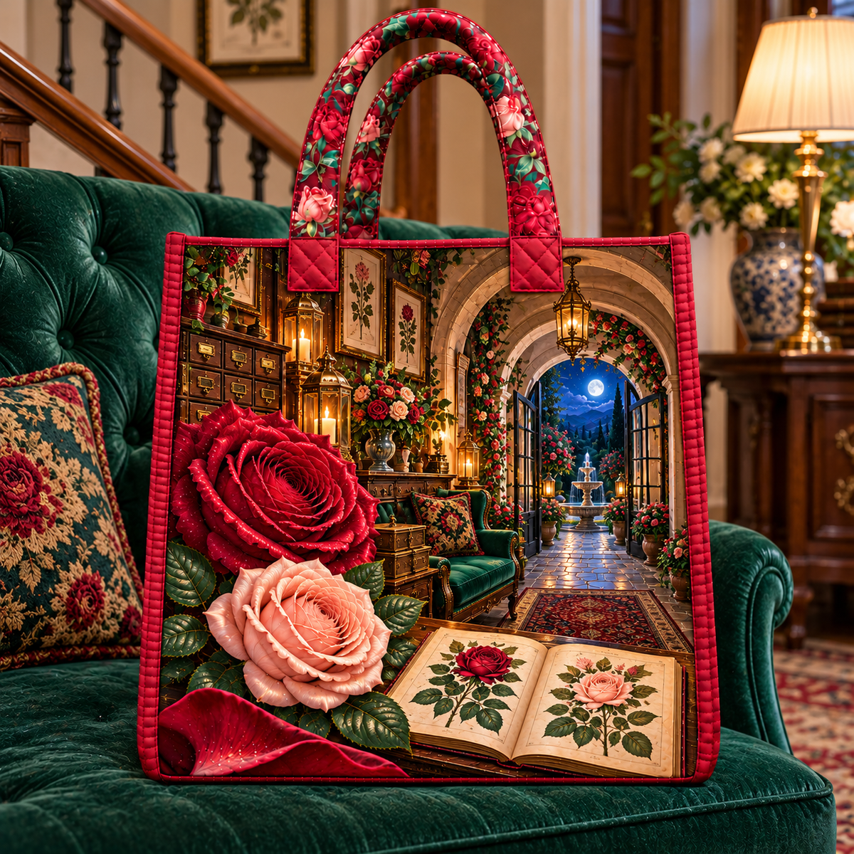 Rose Herbarium Heirloom Entry Quilted Tote Bag with printed optical 3D artwork in its use setting