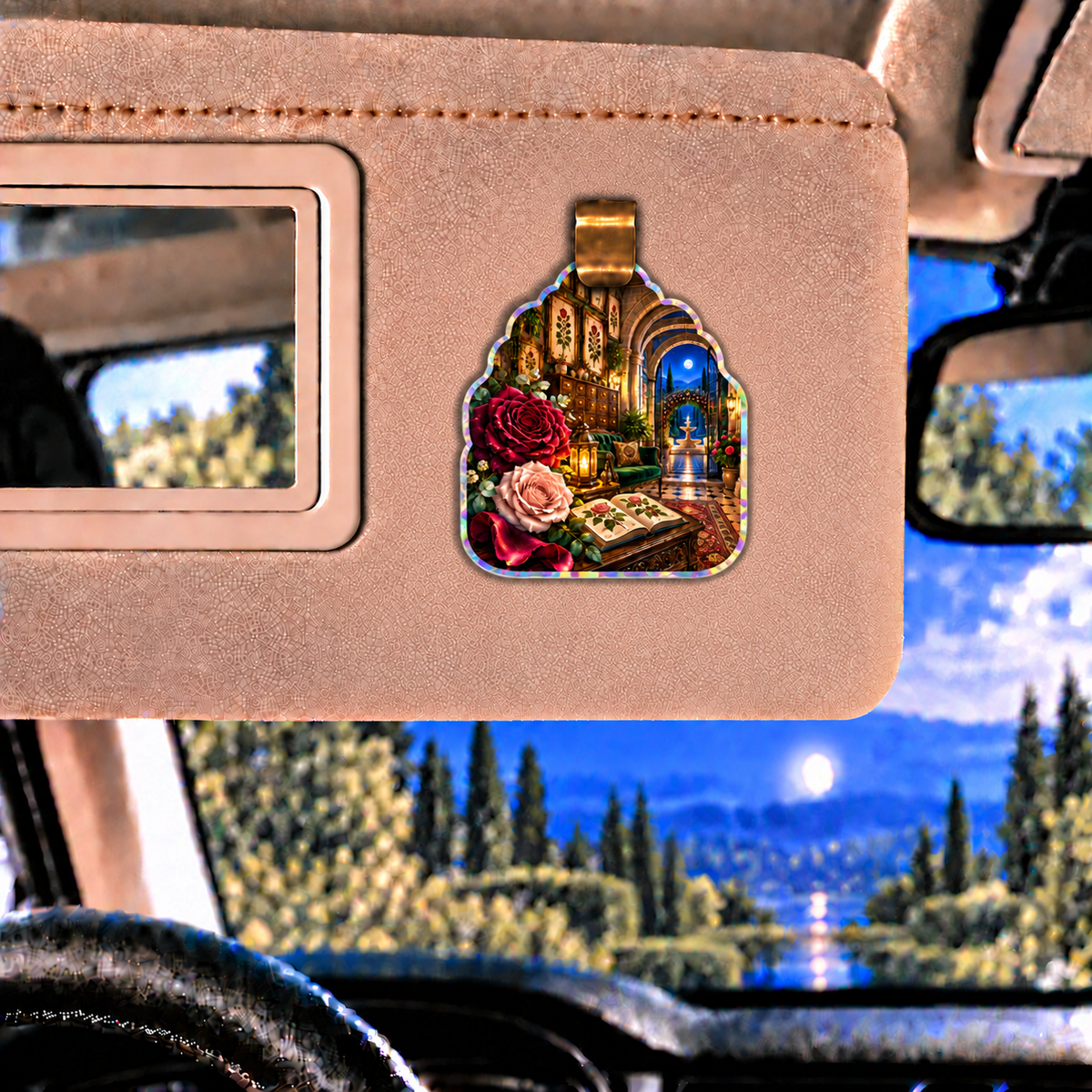 Rose Herbarium Heirloom Entry Holographic Car Visor Clip with printed optical 3D artwork in its use setting
