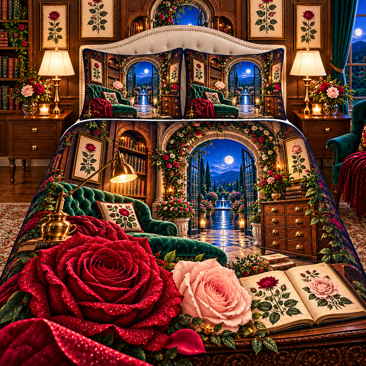 Rose Herbarium Moonlit Nook Quilted Bedding Set with printed optical 3D artwork in its use setting