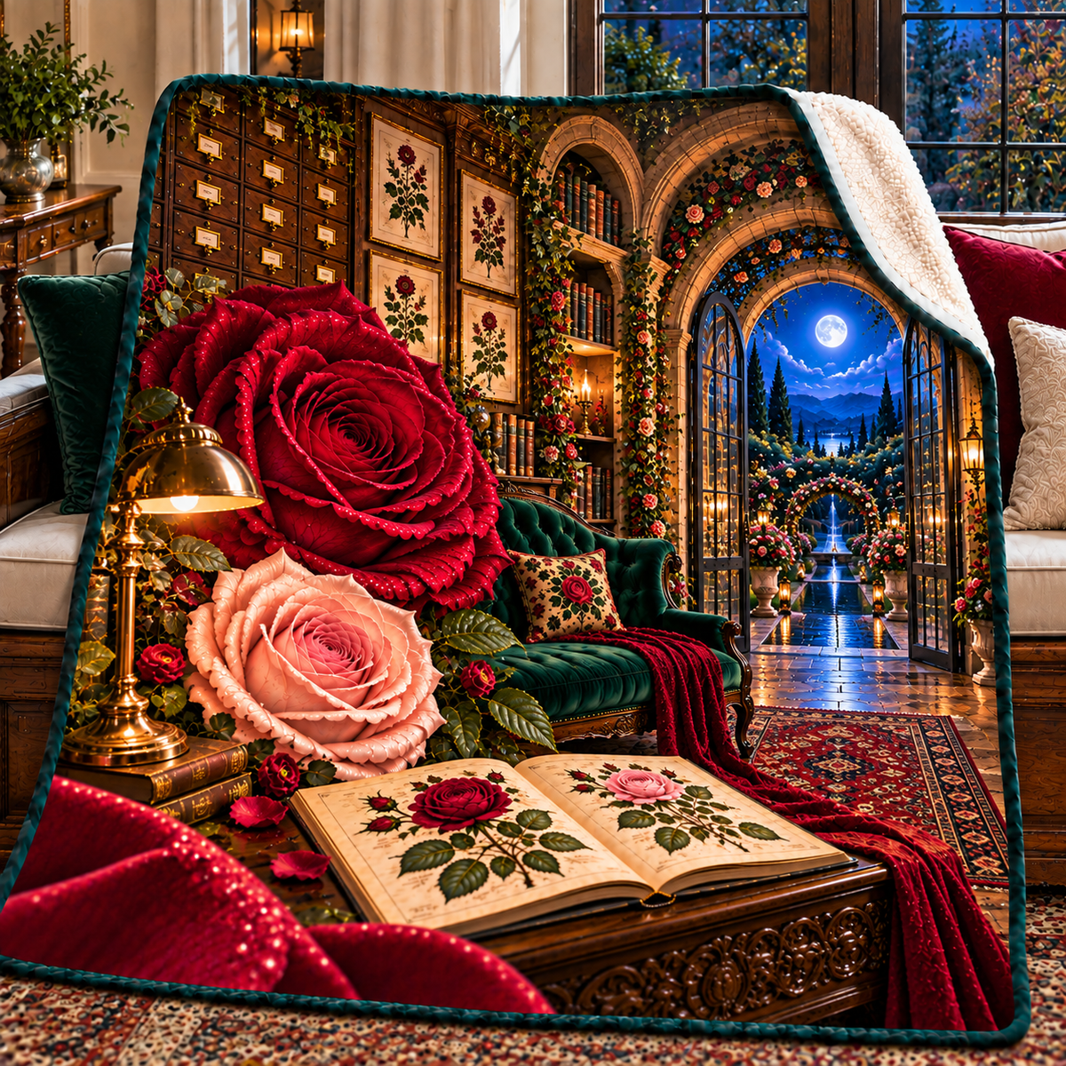 Rose Herbarium Moonlit Nook Sherpa & Fleece Blanket with printed optical 3D artwork in its use setting