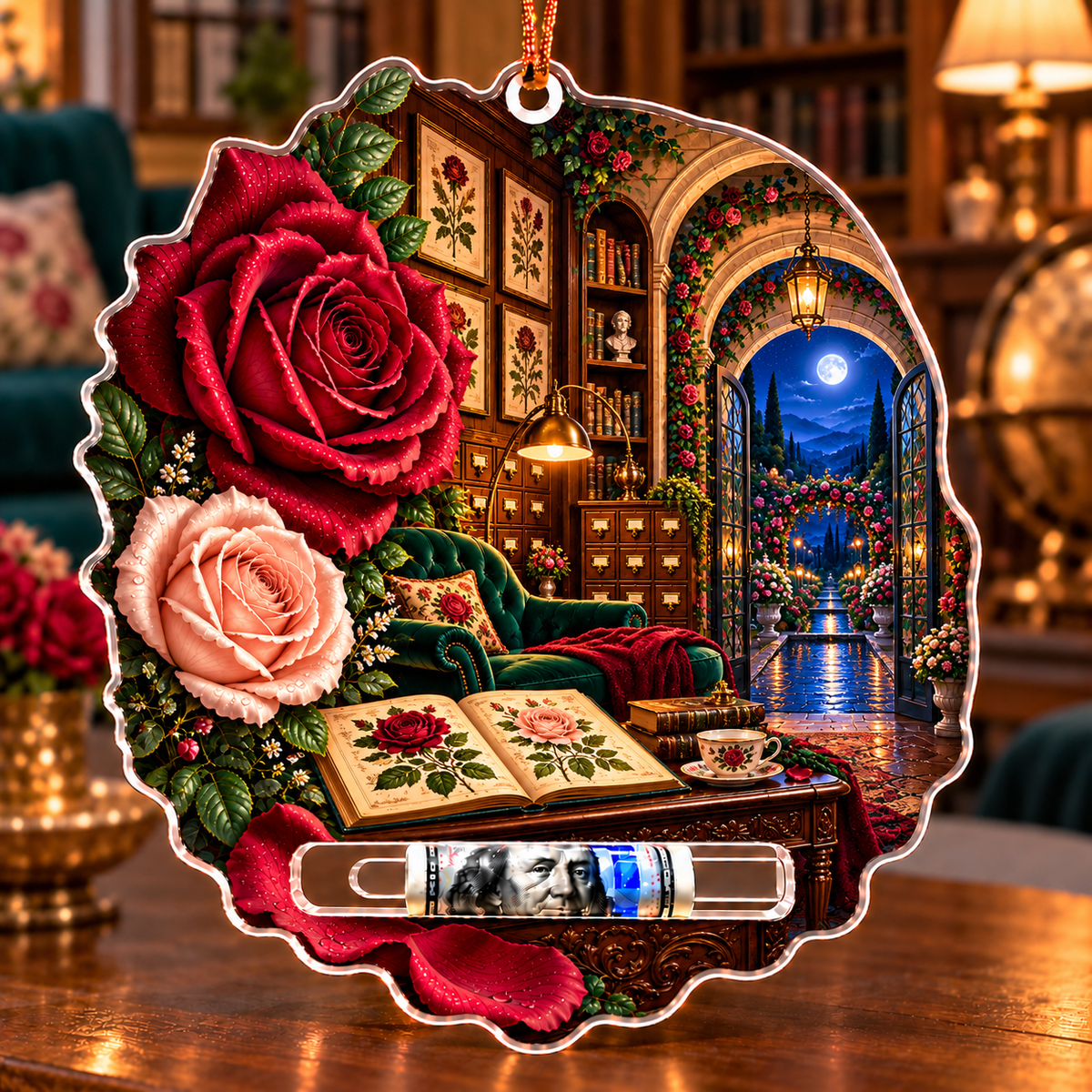 Rose Herbarium Moonlit Nook Acrylic Cash Holder Ornament with printed optical 3D artwork in its use setting