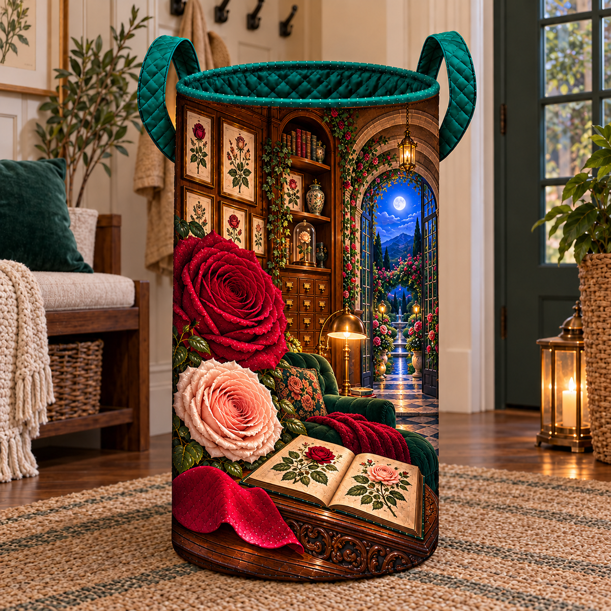 Rose Herbarium Moonlit Nook Laundry Hamper with printed optical 3D artwork in its use setting