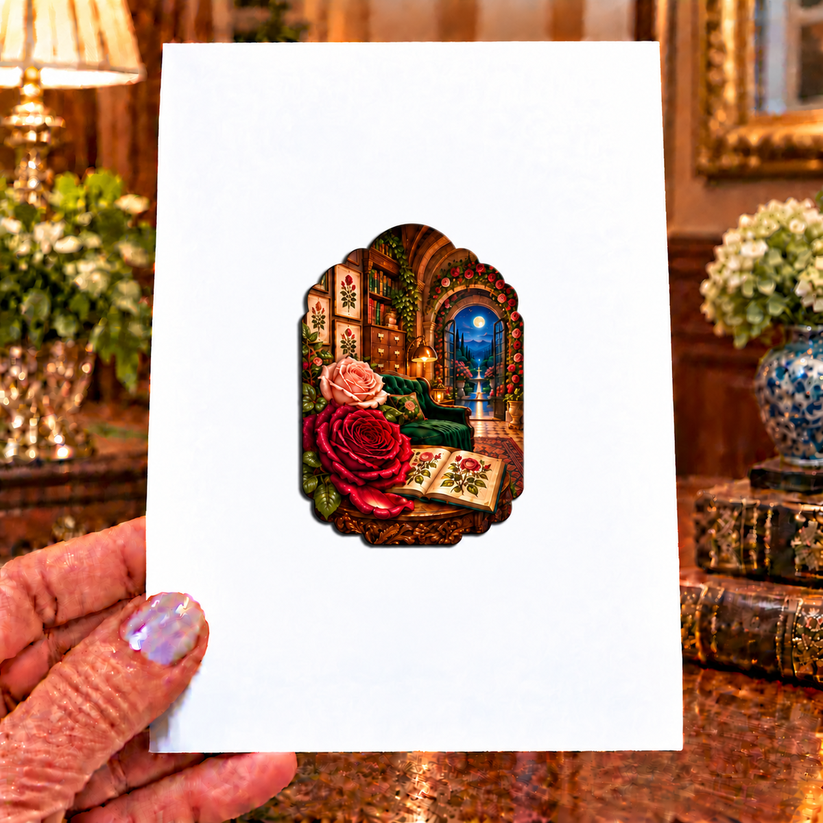 Rose Herbarium Moonlit Nook Acrylic Refrigerator Magnet with printed optical 3D artwork in its use setting