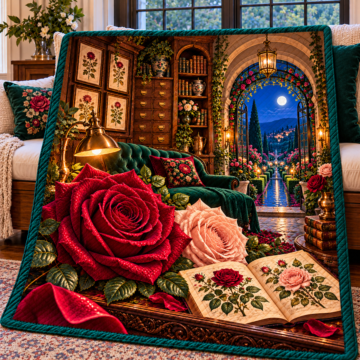 Rose Herbarium Moonlit Nook Quilt Blanket with printed optical 3D artwork in its use setting