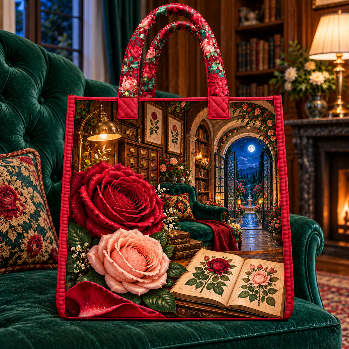 Rose Herbarium Moonlit Nook Quilted Tote Bag with printed optical 3D artwork in its use setting