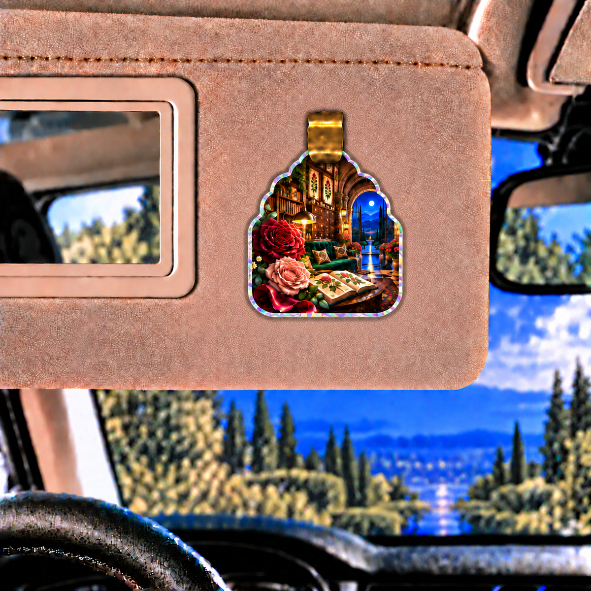 Rose Herbarium Moonlit Nook Holographic Car Visor Clip with printed optical 3D artwork in its use setting