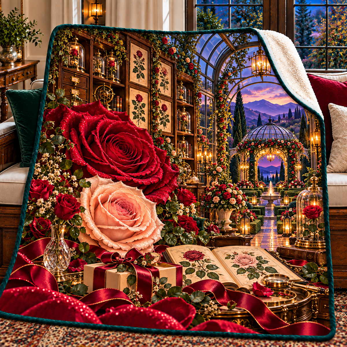 Rose Herbarium Birthday Garden Sherpa & Fleece Blanket with printed optical 3D artwork in its use setting