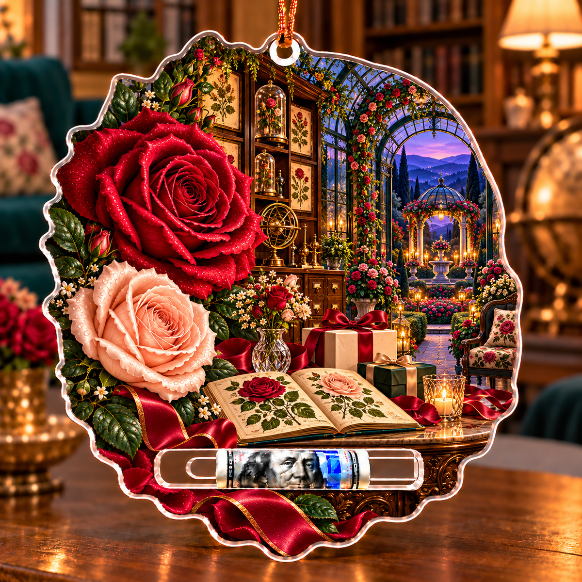 Rose Herbarium Birthday Garden Acrylic Cash Holder Ornament with printed optical 3D artwork in its use setting