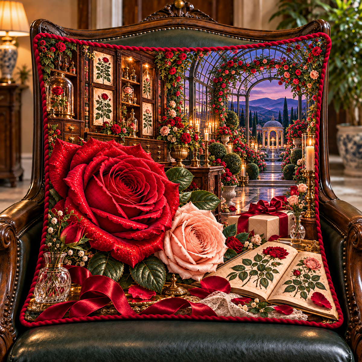 Rose Herbarium Birthday Garden Quilted Cushion Cover with printed optical 3D artwork in its use setting