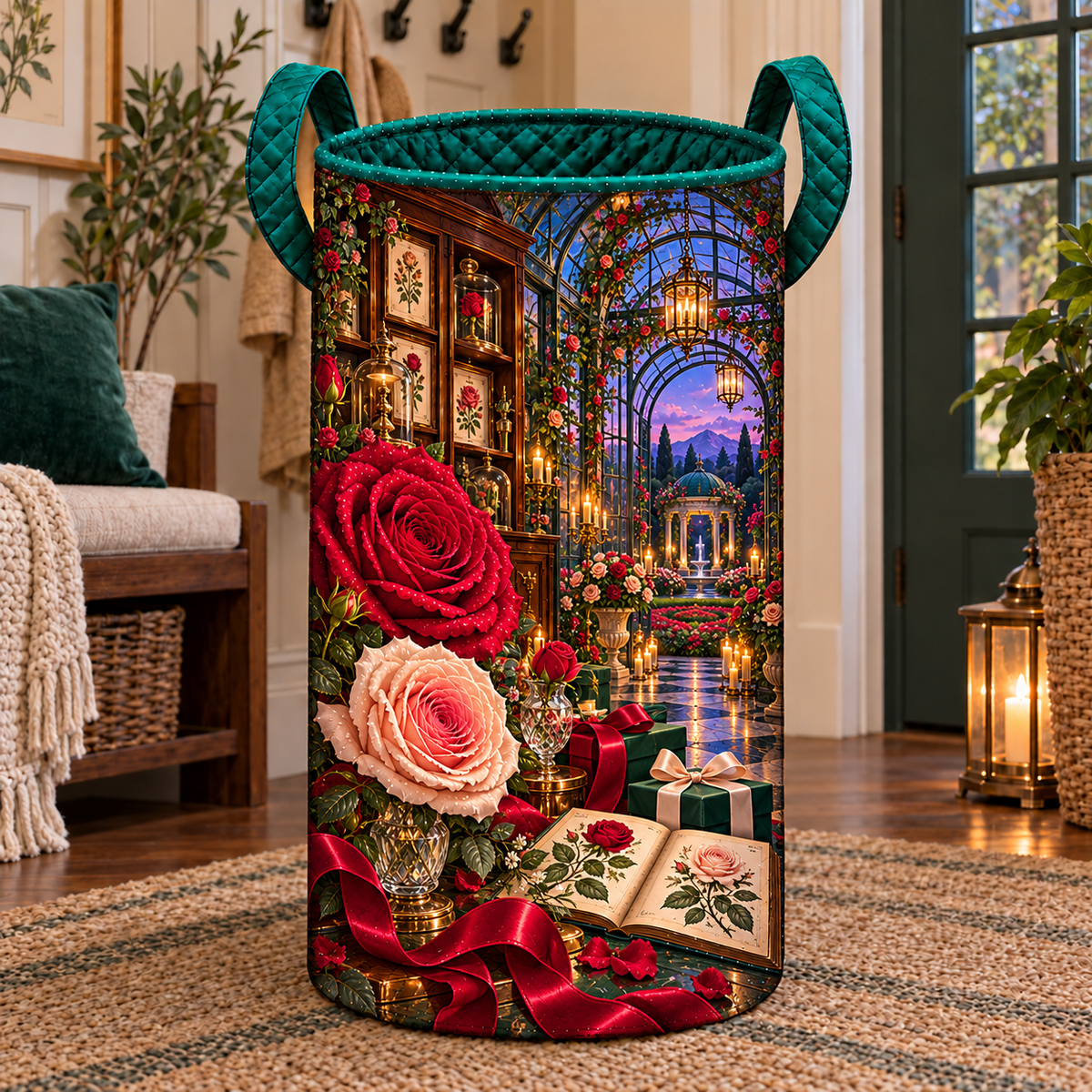 Rose Herbarium Birthday Garden Laundry Hamper with printed optical 3D artwork in its use setting