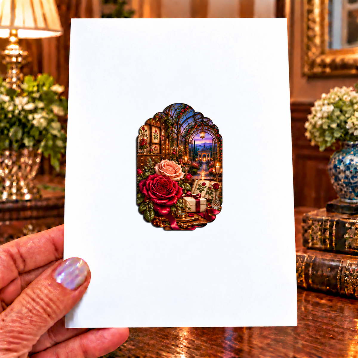 Rose Herbarium Birthday Garden Acrylic Refrigerator Magnet with printed optical 3D artwork in its use setting