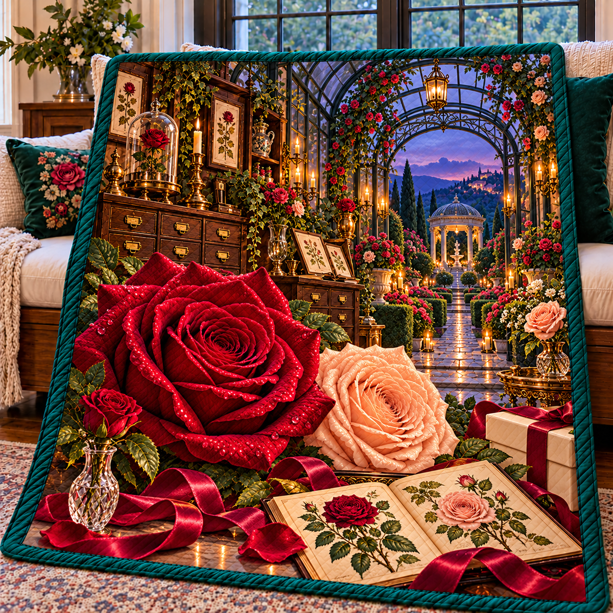 Rose Herbarium Birthday Garden Quilt Blanket with printed optical 3D artwork in its use setting