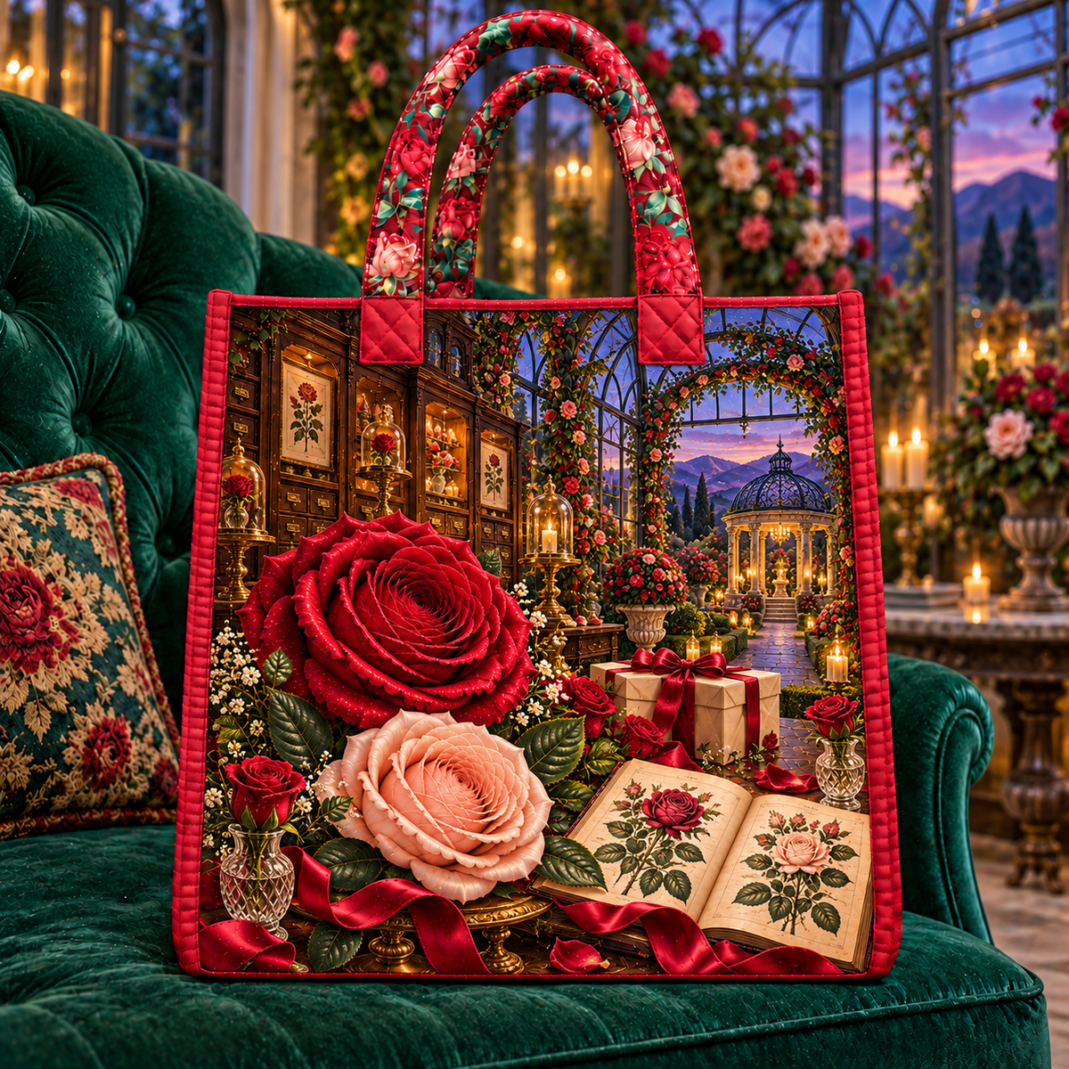 Rose Herbarium Birthday Garden Quilted Tote Bag with printed optical 3D artwork in its use setting