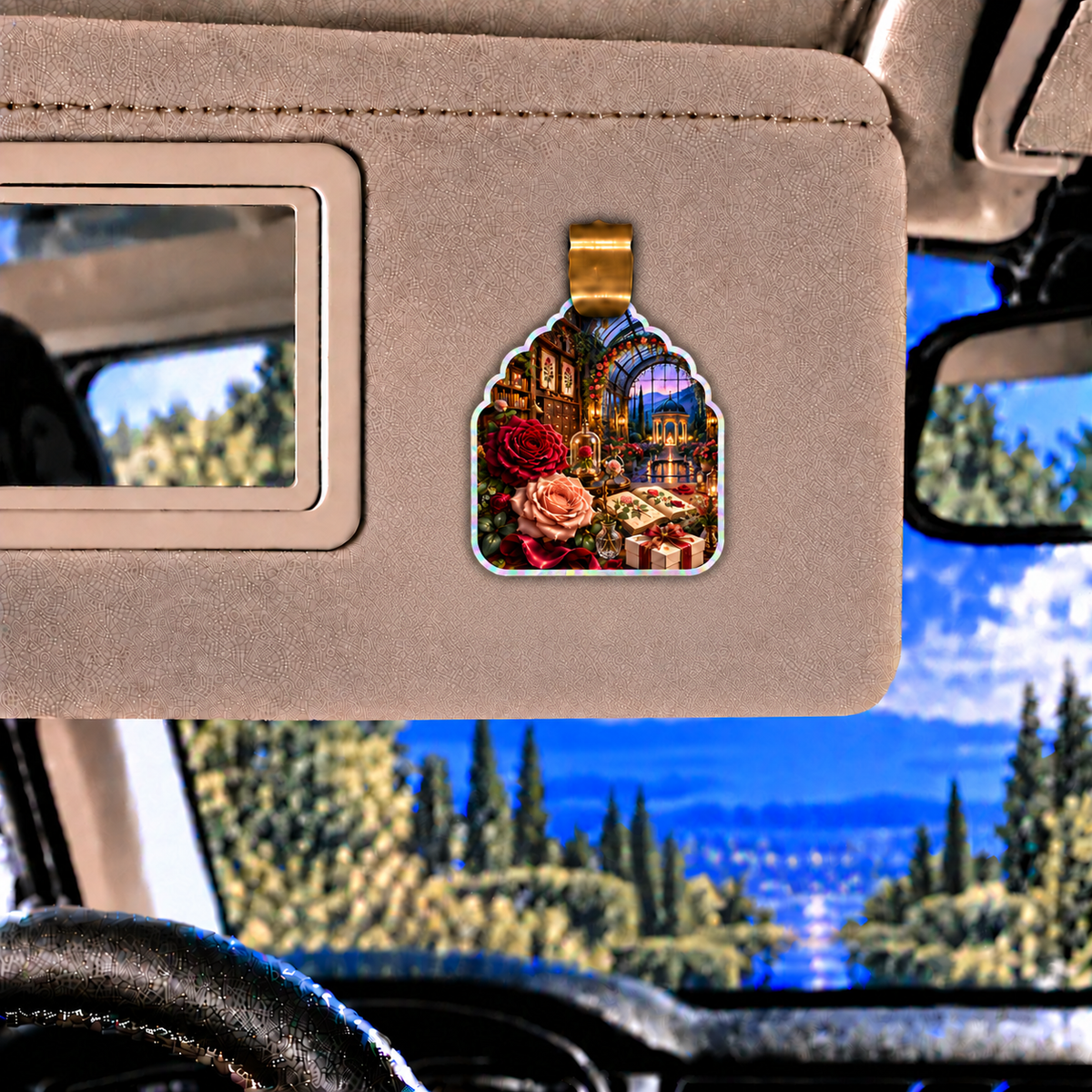 Rose Herbarium Birthday Garden Holographic Car Visor Clip with printed optical 3D artwork in its use setting