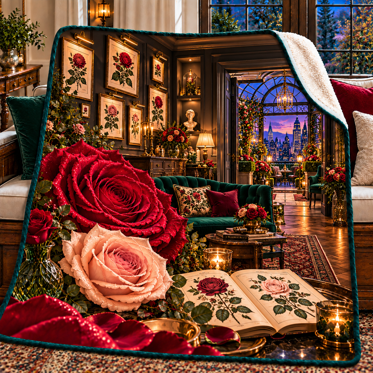 Rose Herbarium Gallery Salon Sherpa & Fleece Blanket with printed optical 3D artwork in its use setting