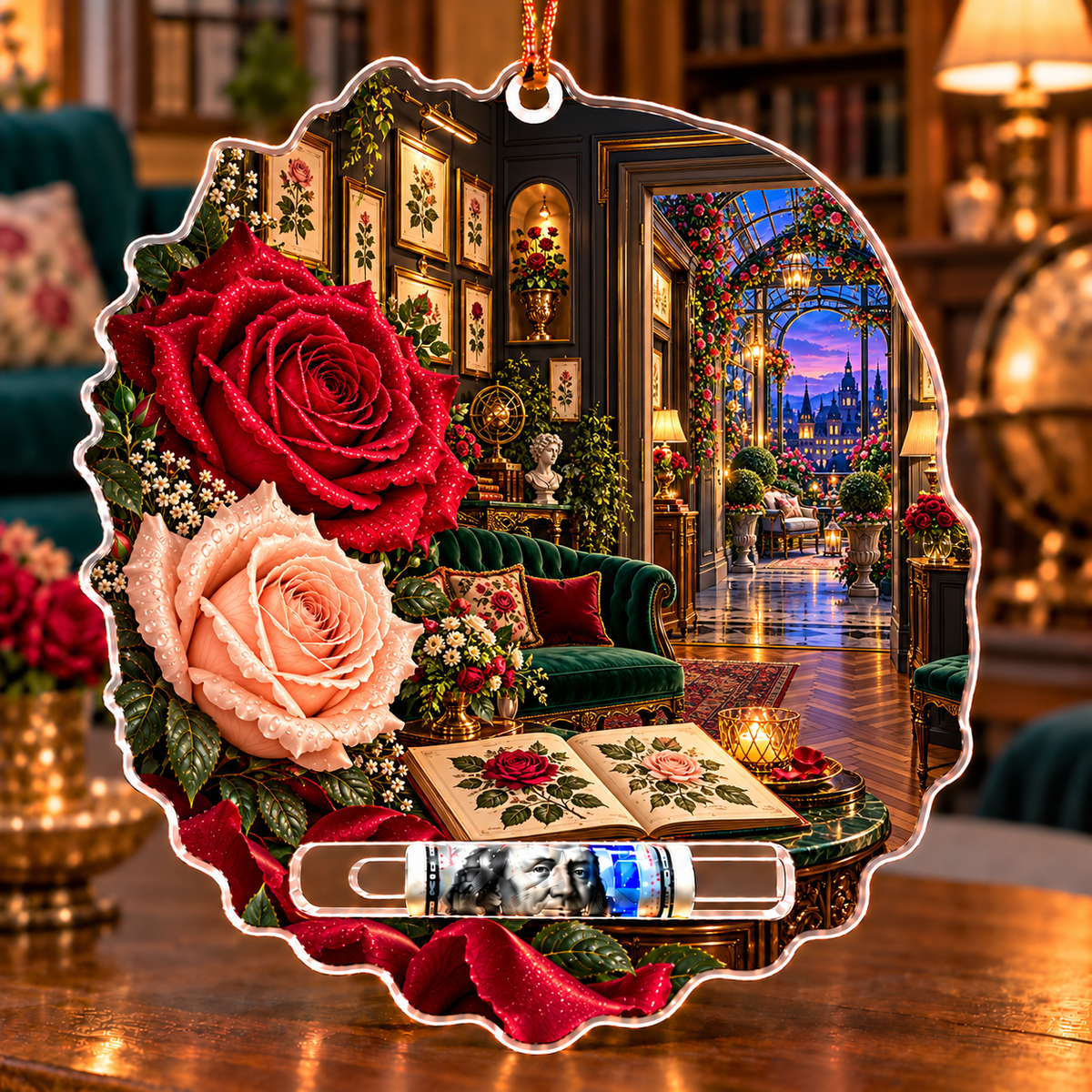 Rose Herbarium Gallery Salon Acrylic Cash Holder Ornament with printed optical 3D artwork in its use setting