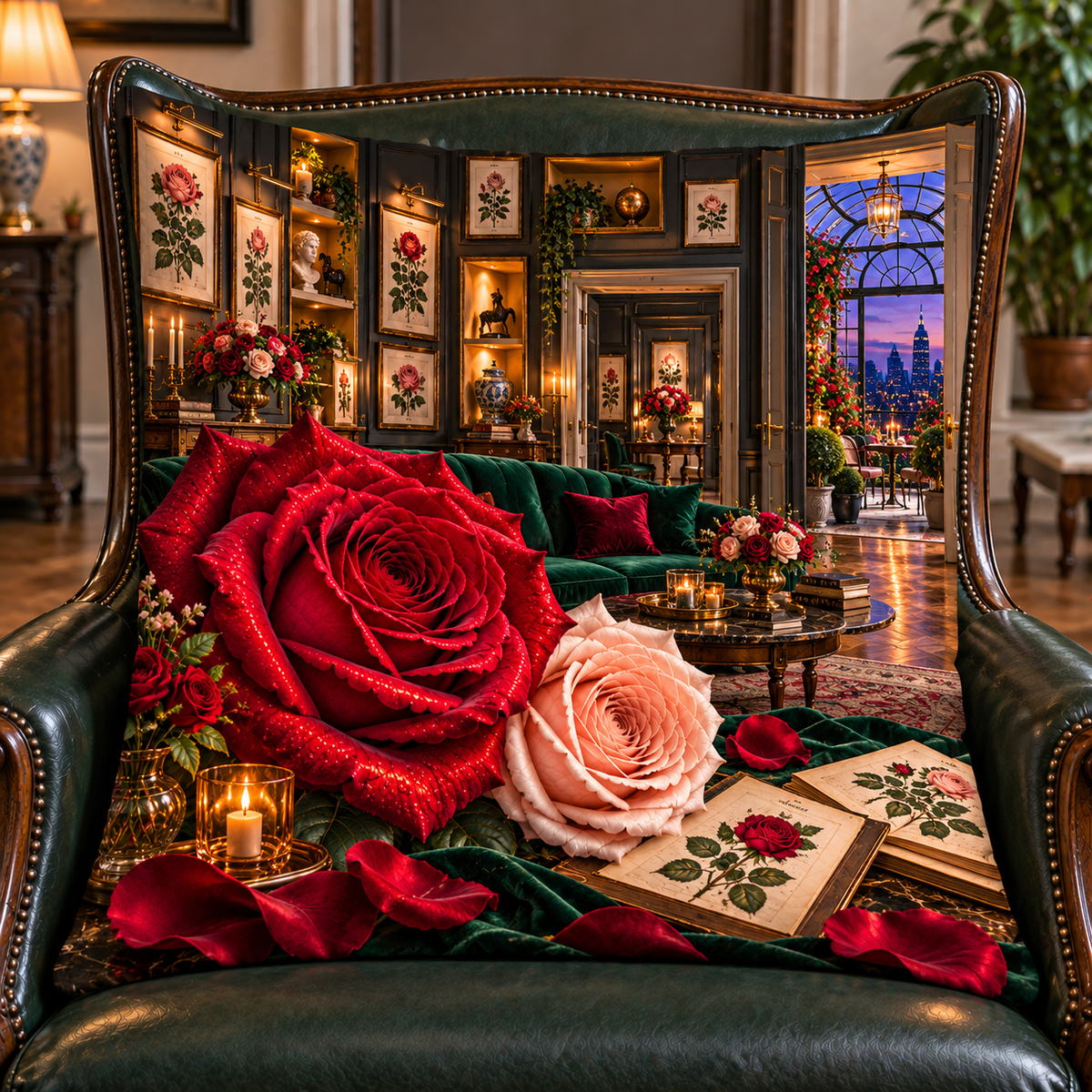 Rose Herbarium Gallery Salon Quilted Cushion Cover with printed optical 3D artwork in its use setting