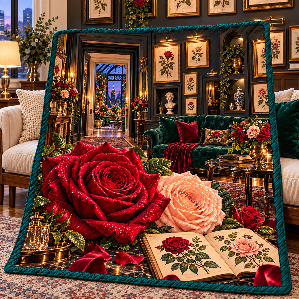 Rose Herbarium Gallery Salon Quilt Blanket with printed optical 3D artwork in its use setting