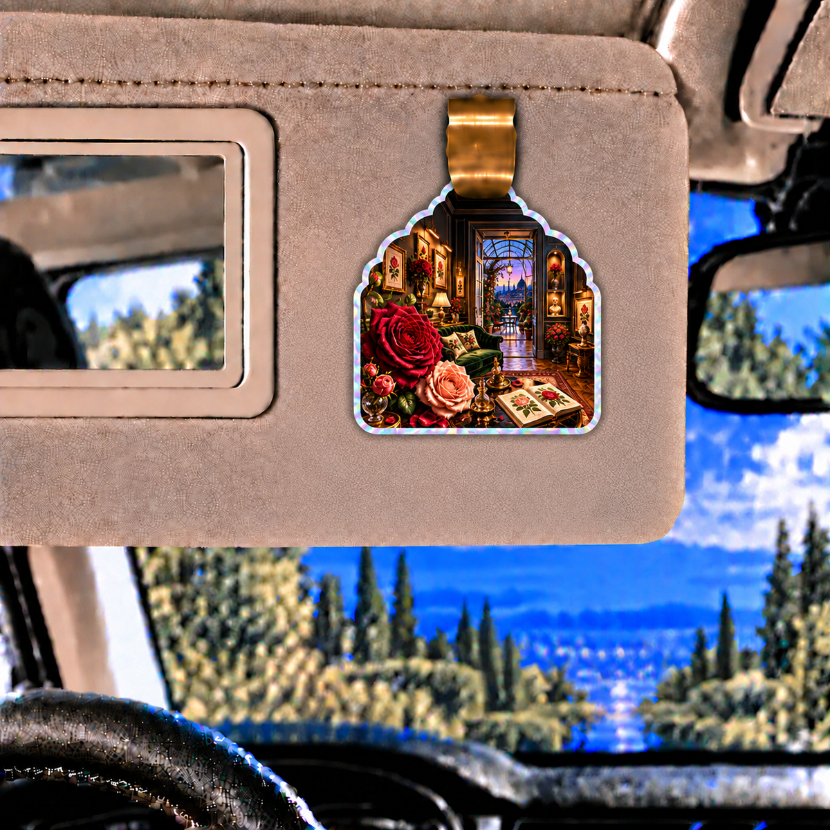 Rose Herbarium Gallery Salon Holographic Car Visor Clip with printed optical 3D artwork in its use setting