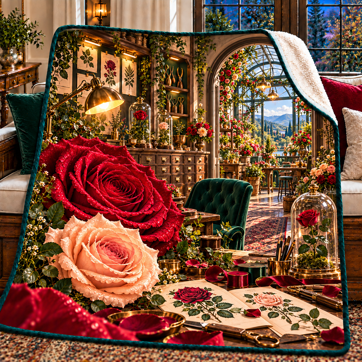 Rose Herbarium Atelier Sherpa & Fleece Blanket with printed optical 3D artwork in its use setting