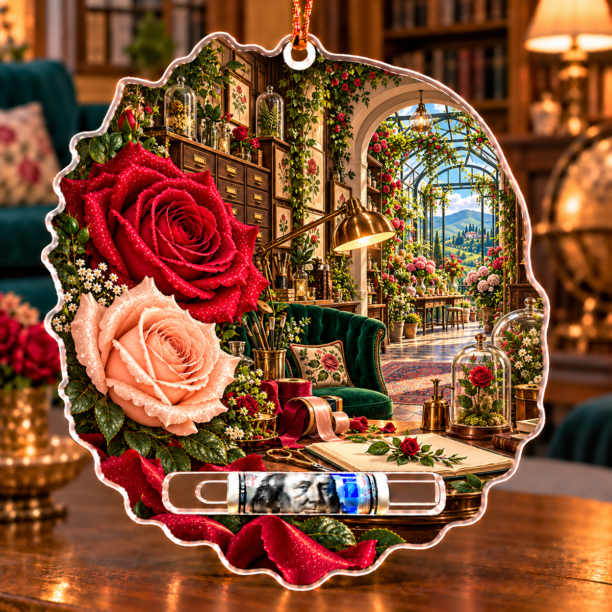 Rose Herbarium Atelier Acrylic Cash Holder Ornament with printed optical 3D artwork in its use setting