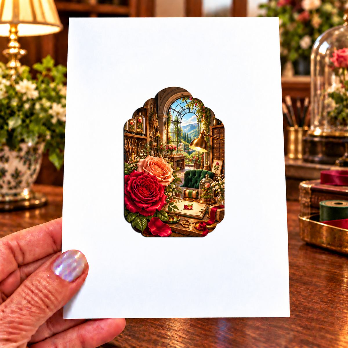 Rose Herbarium Atelier Acrylic Refrigerator Magnet with printed optical 3D artwork in its use setting