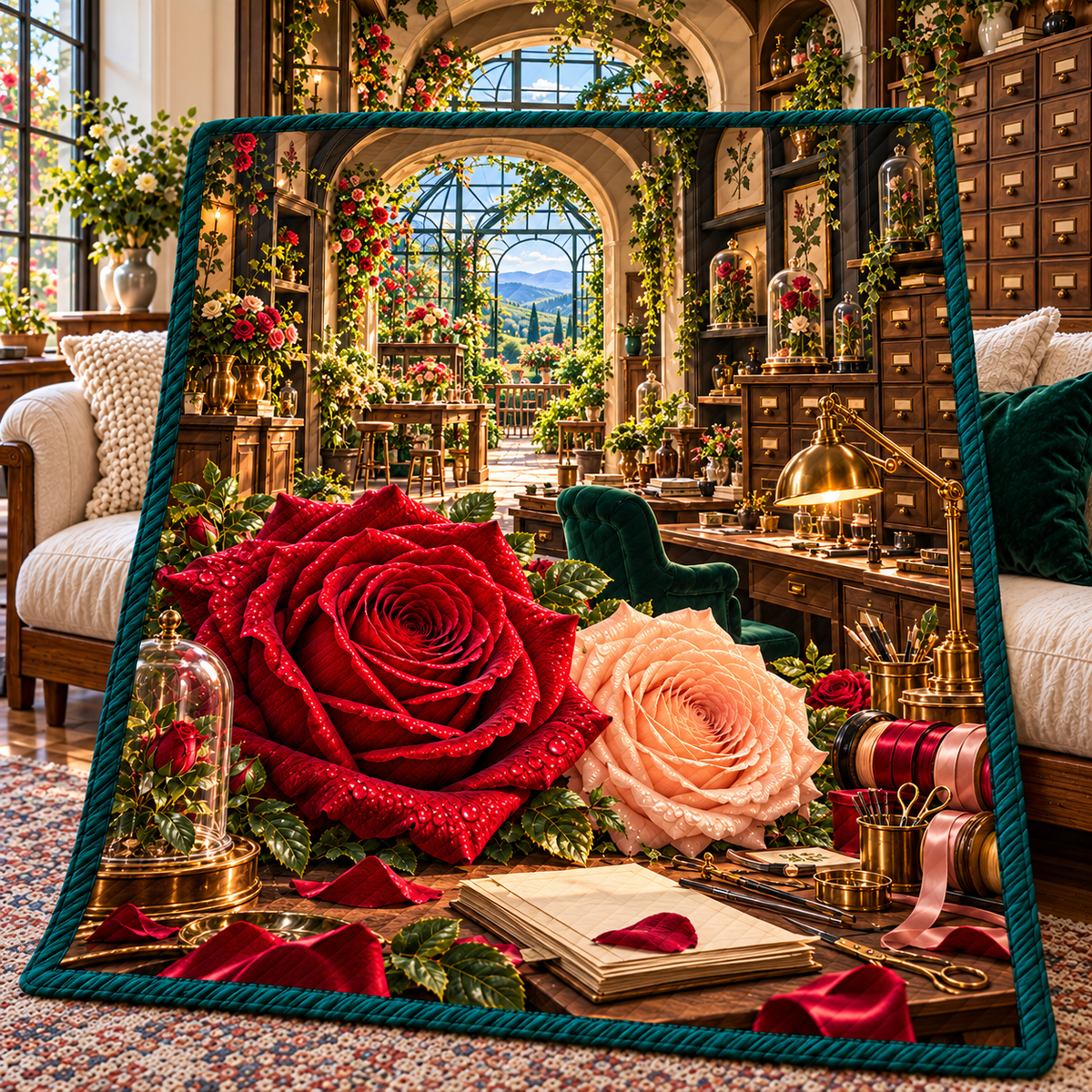 Rose Herbarium Atelier Quilt Blanket with printed optical 3D artwork in its use setting