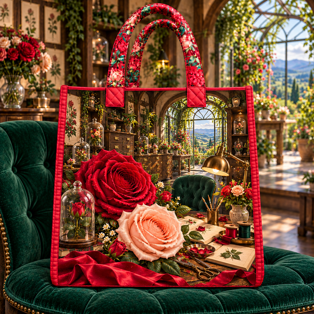 Rose Herbarium Atelier Quilted Tote Bag with printed optical 3D artwork in its use setting