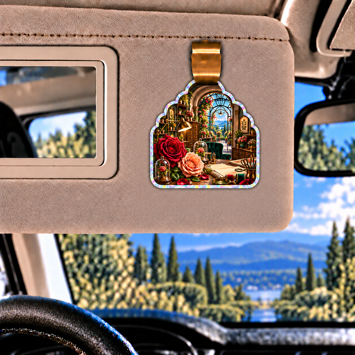 Rose Herbarium Atelier Holographic Car Visor Clip with printed optical 3D artwork in its use setting