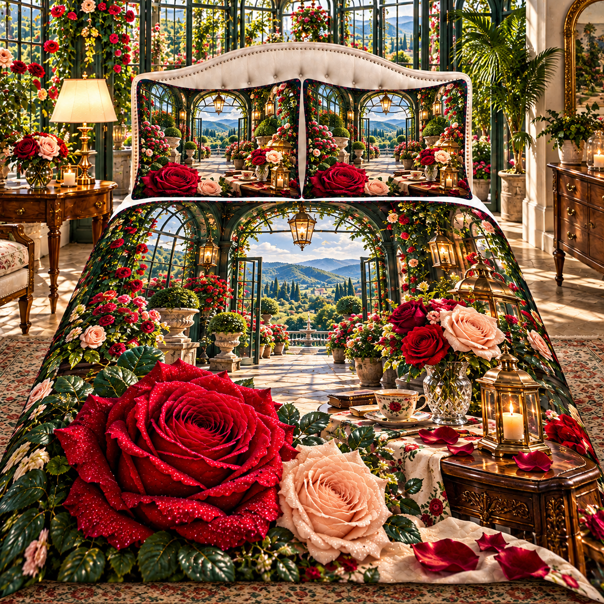 Rose Welcome Conservatory Quilted Bedding Set with printed optical 3D artwork in its use setting
