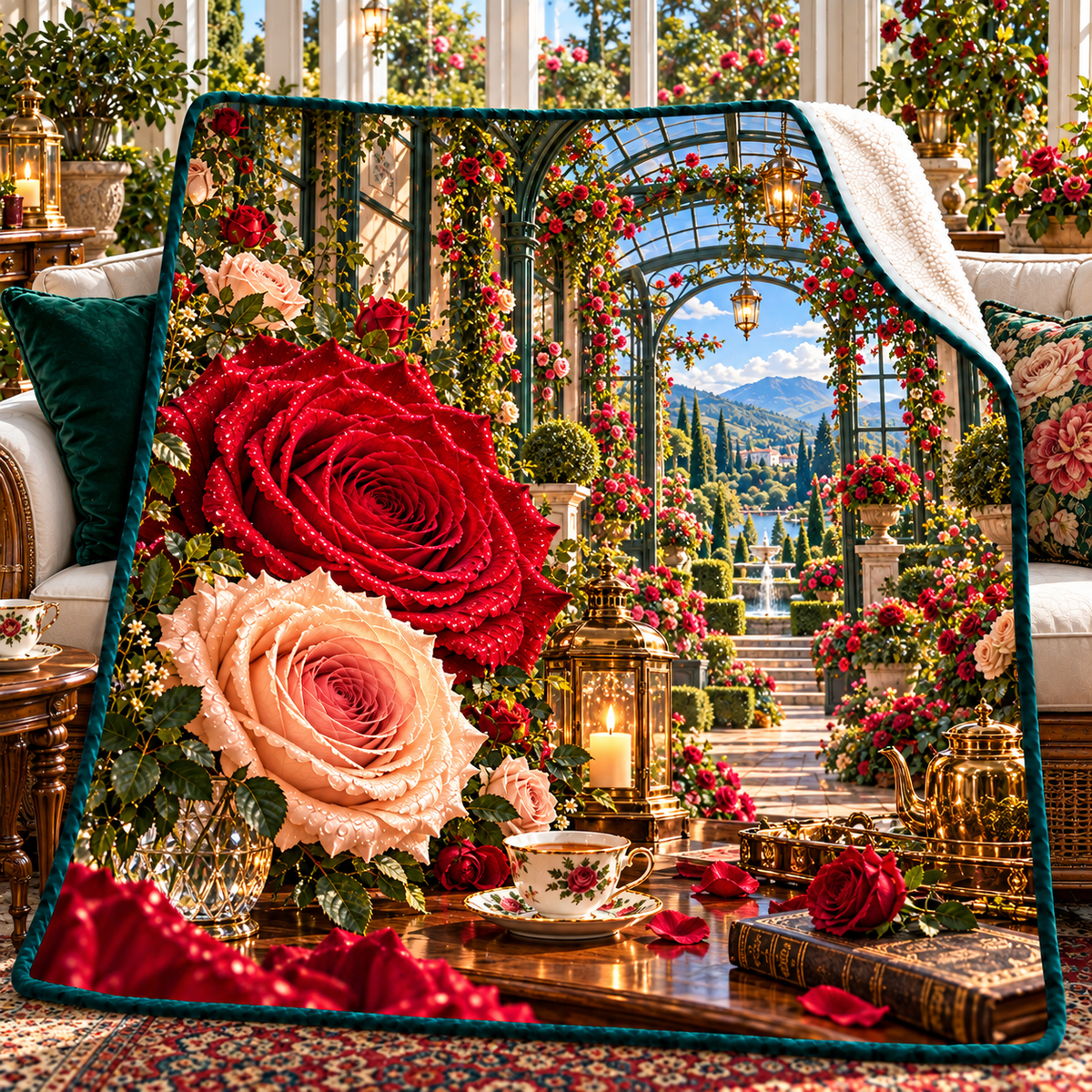 Rose Welcome Conservatory Sherpa & Fleece Blanket with printed optical 3D artwork in its use setting