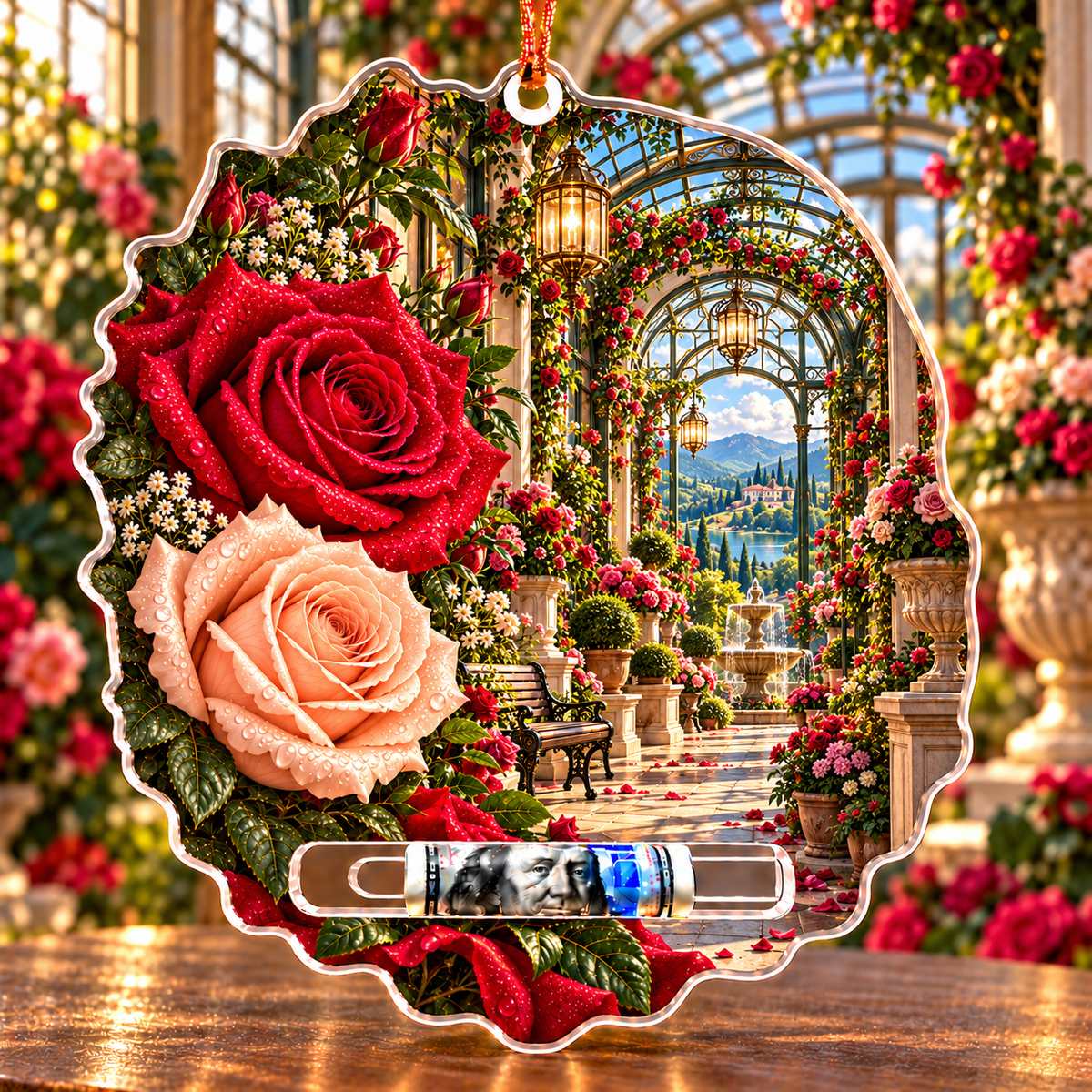 Rose Welcome Conservatory Acrylic Cash Holder Ornament with printed optical 3D artwork in its use setting