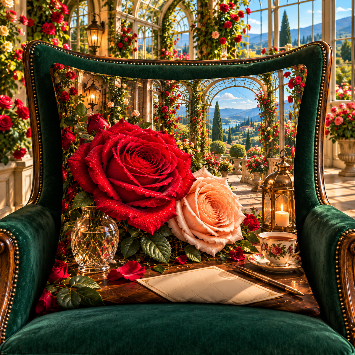 Rose Welcome Conservatory Quilted Cushion Cover with printed optical 3D artwork in its use setting