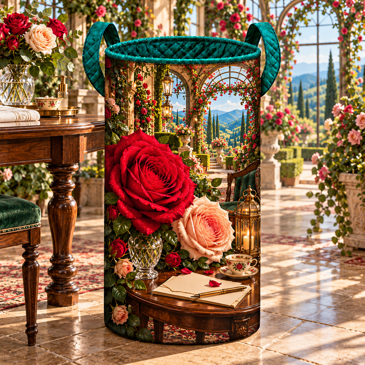 Rose Welcome Conservatory Laundry Hamper with printed optical 3D artwork in its use setting
