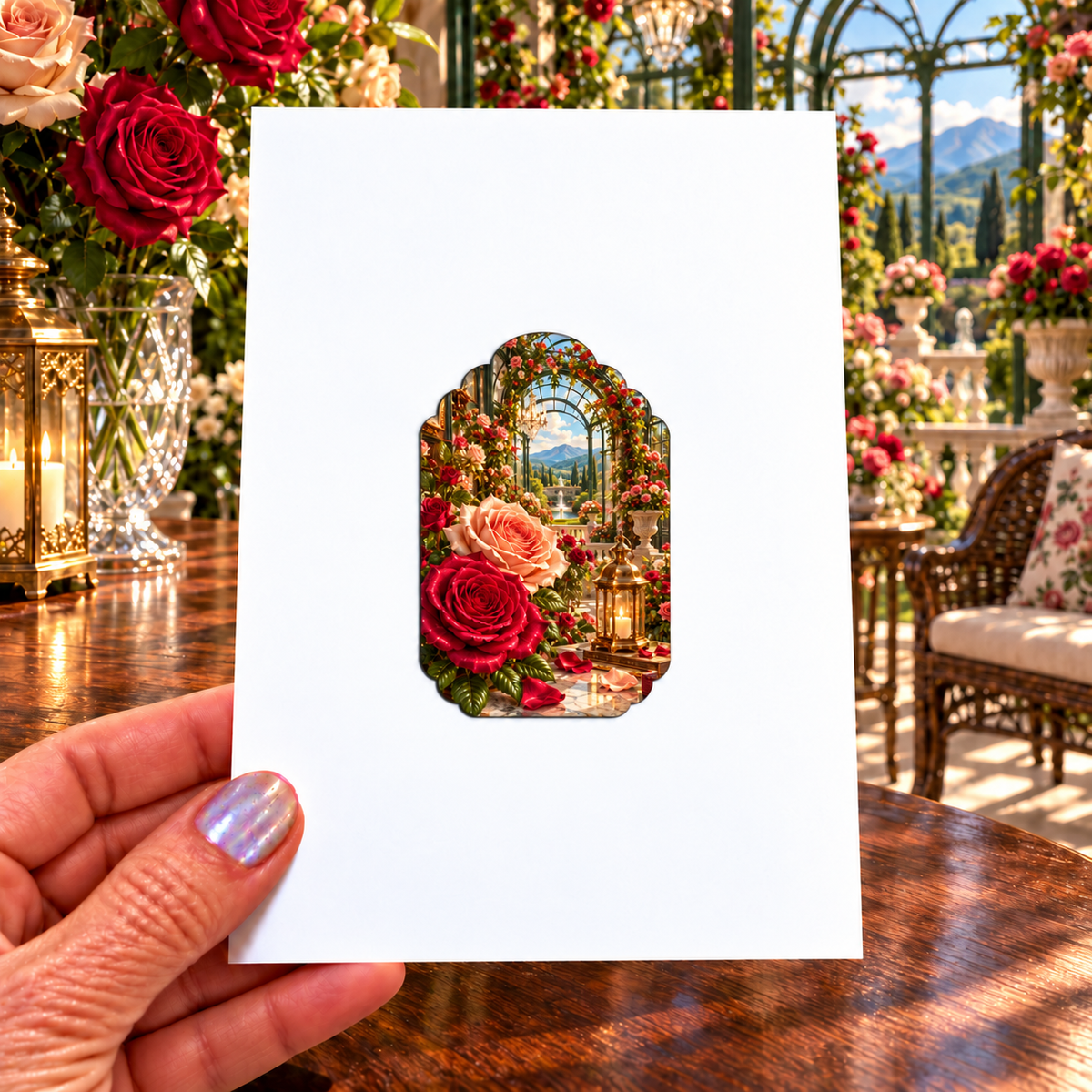 Rose Welcome Conservatory Acrylic Refrigerator Magnet with printed optical 3D artwork in its use setting