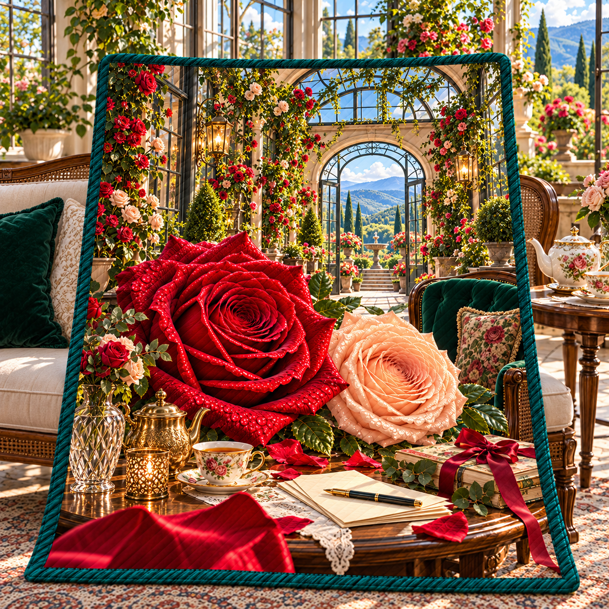 Rose Welcome Conservatory Quilt Blanket with printed optical 3D artwork in its use setting