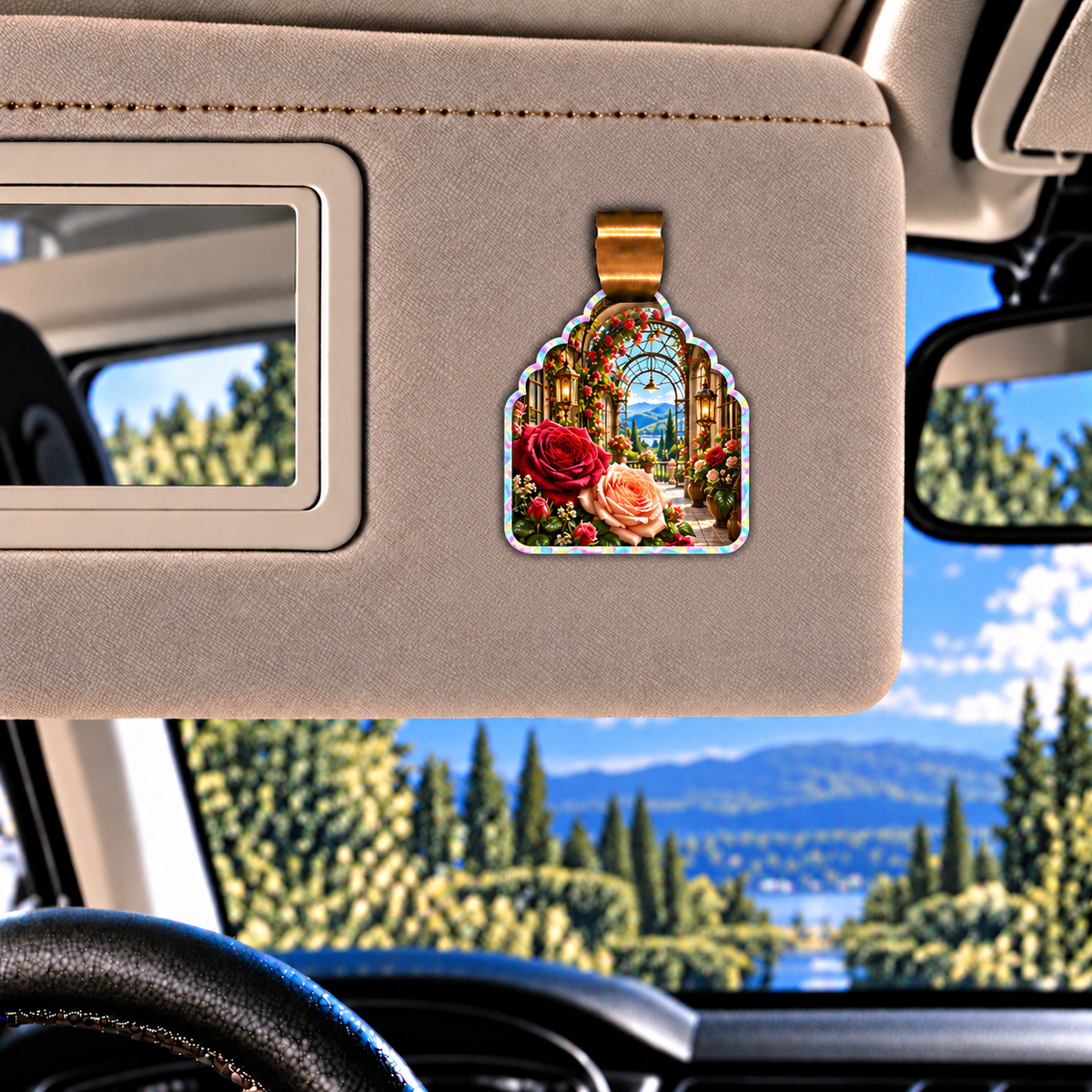 Rose Welcome Conservatory Holographic Car Visor Clip with printed optical 3D artwork in its use setting