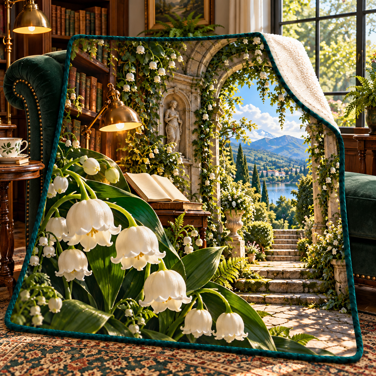 Lily Bell Reading Grotto Sherpa & Fleece Blanket with printed optical 3D artwork in its use setting