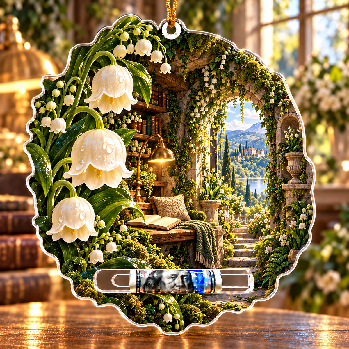 Lily Bell Reading Grotto Acrylic Cash Holder Ornament with printed optical 3D artwork in its use setting
