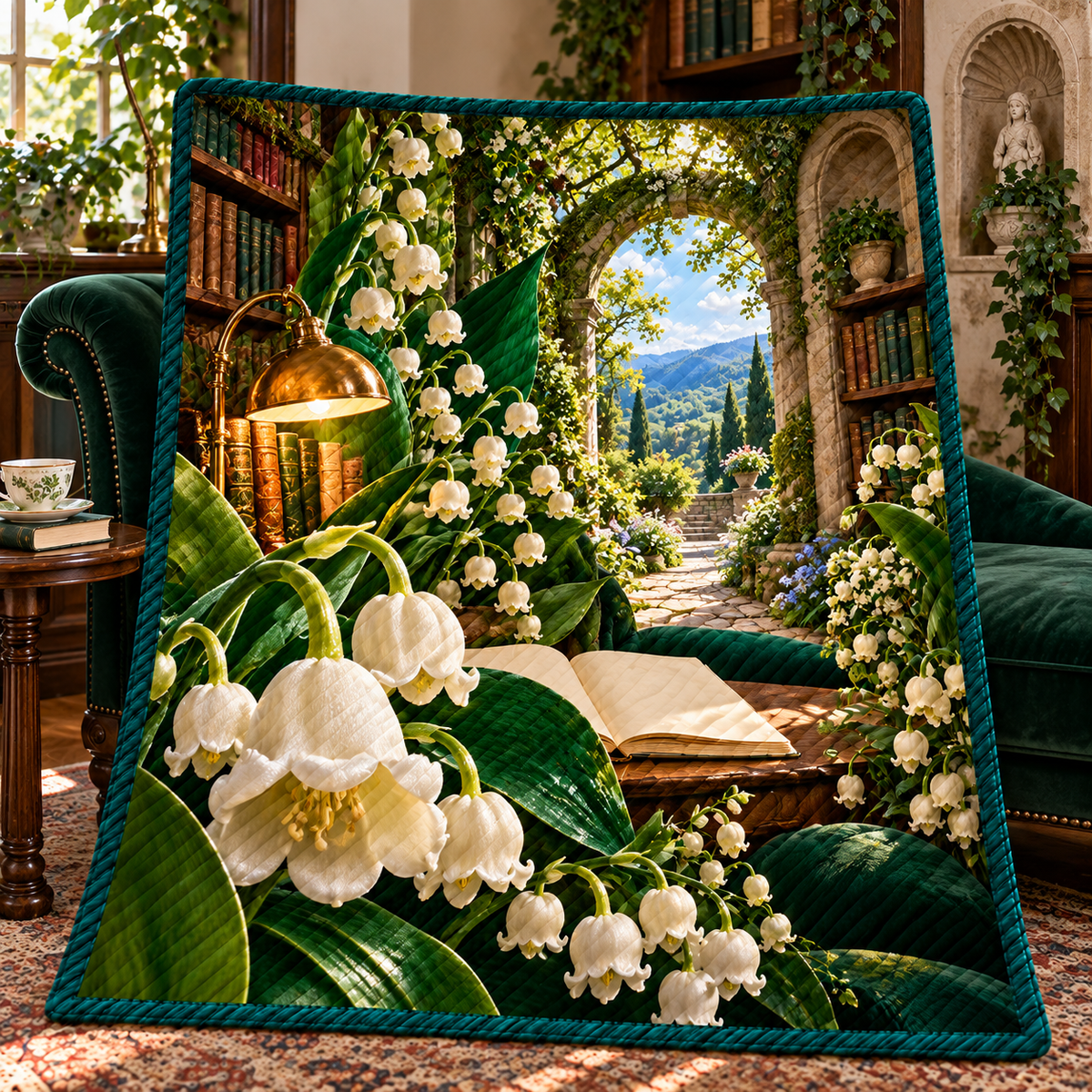 Lily Bell Reading Grotto Quilt Blanket with printed optical 3D artwork in its use setting