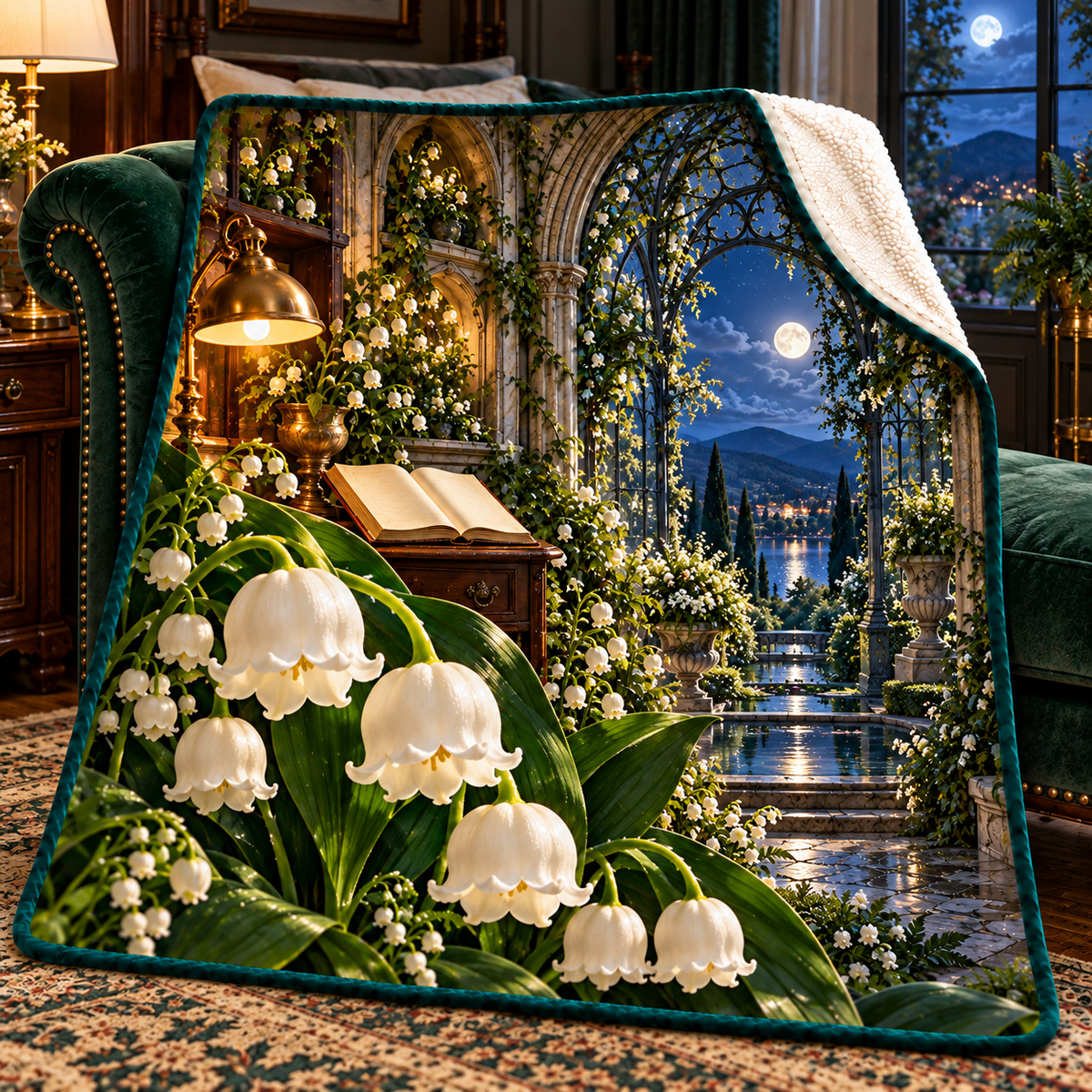 Lily Moon Manor Sherpa & Fleece Blanket with printed optical 3D artwork in its use setting