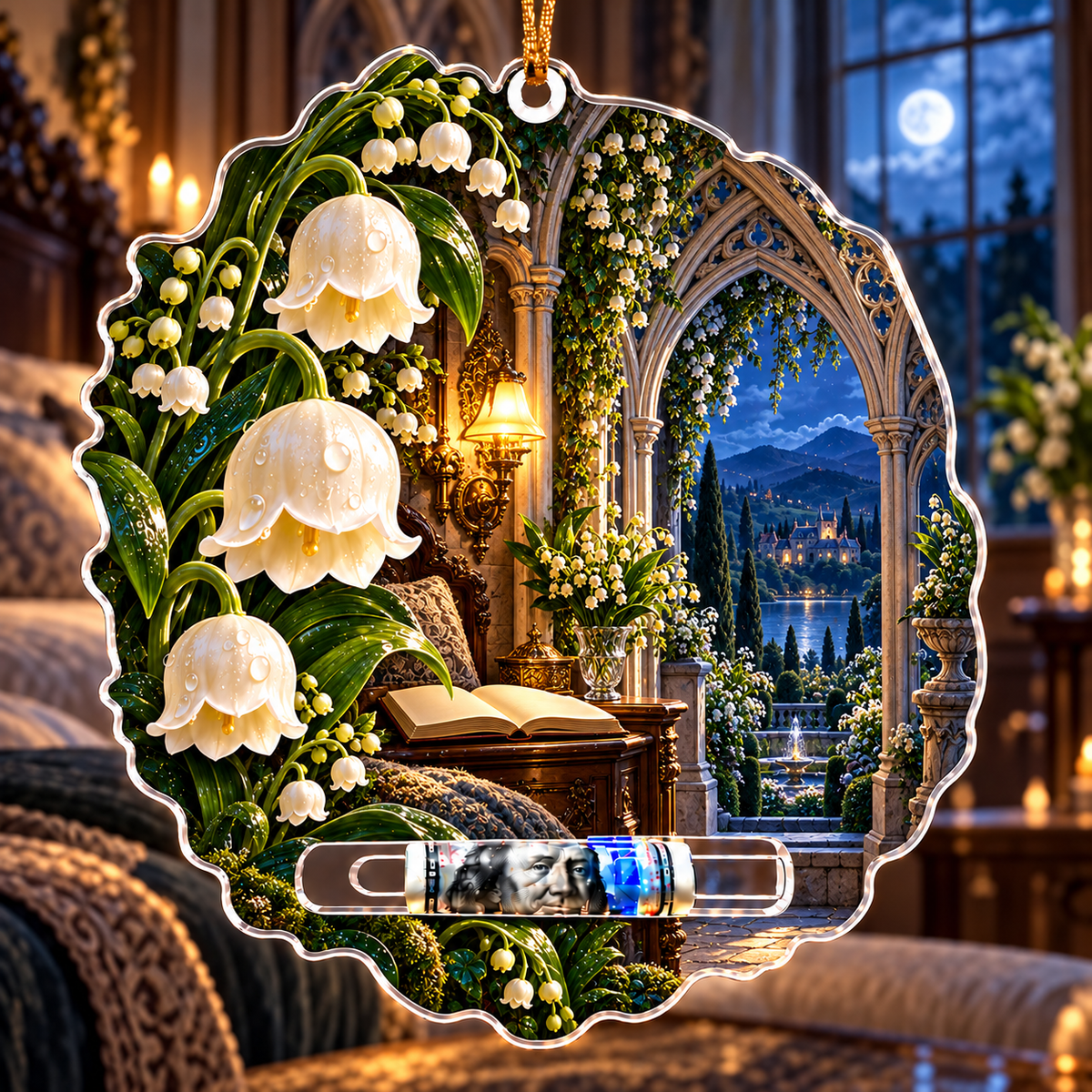Lily Moon Manor Acrylic Cash Holder Ornament with printed optical 3D artwork in its use setting