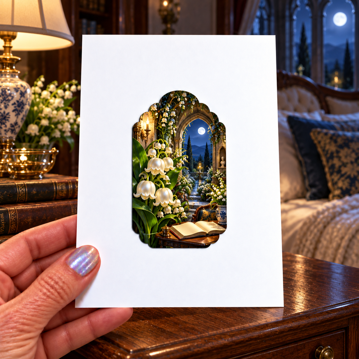 Lily Moon Manor Acrylic Refrigerator Magnet with printed optical 3D artwork in its use setting