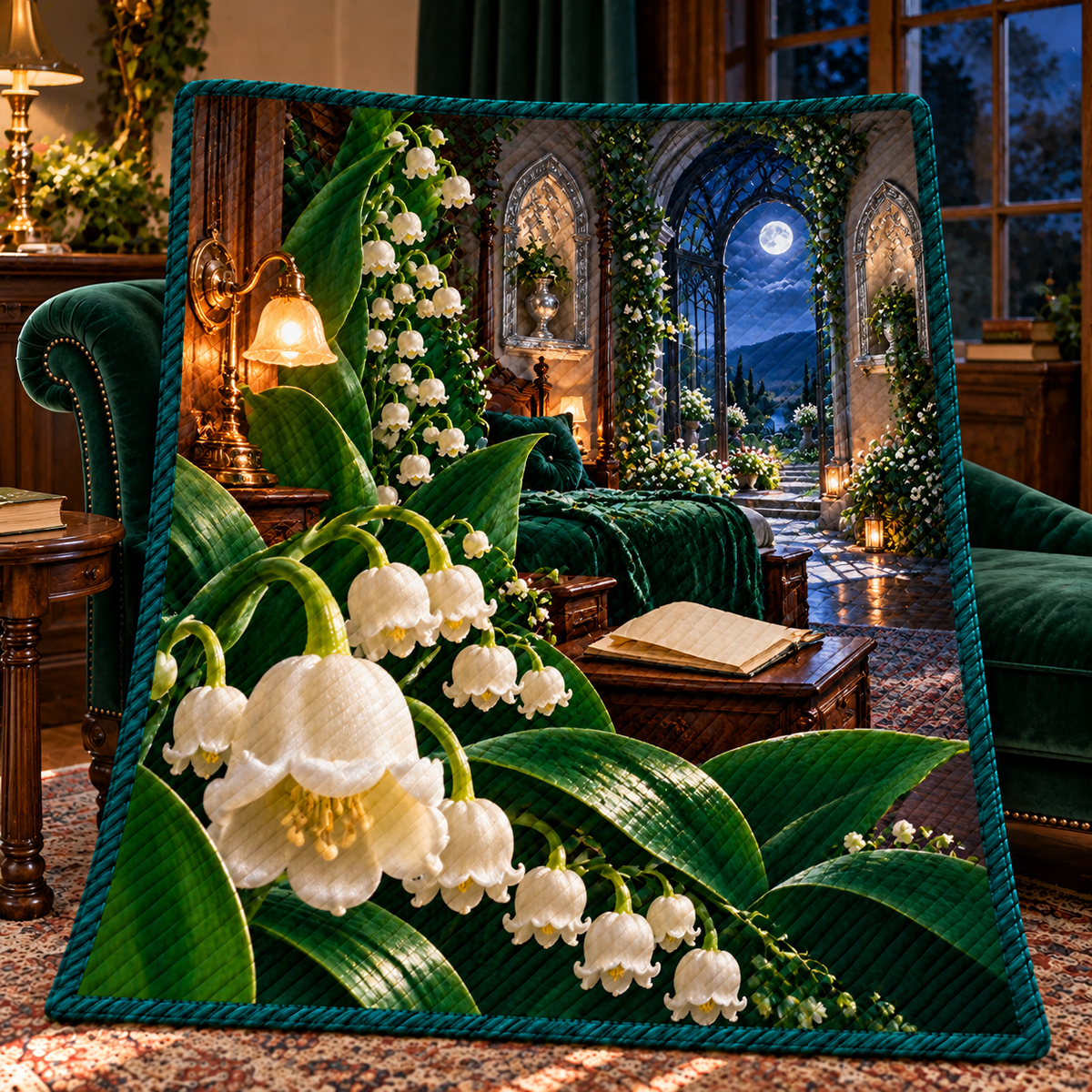 Lily Moon Manor Quilt Blanket with printed optical 3D artwork in its use setting