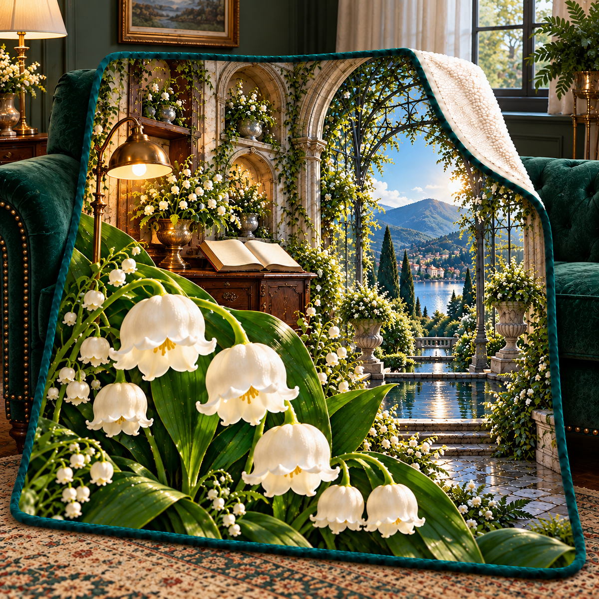 Lily Bell Grand Salon Sherpa & Fleece Blanket with printed optical 3D artwork in its use setting