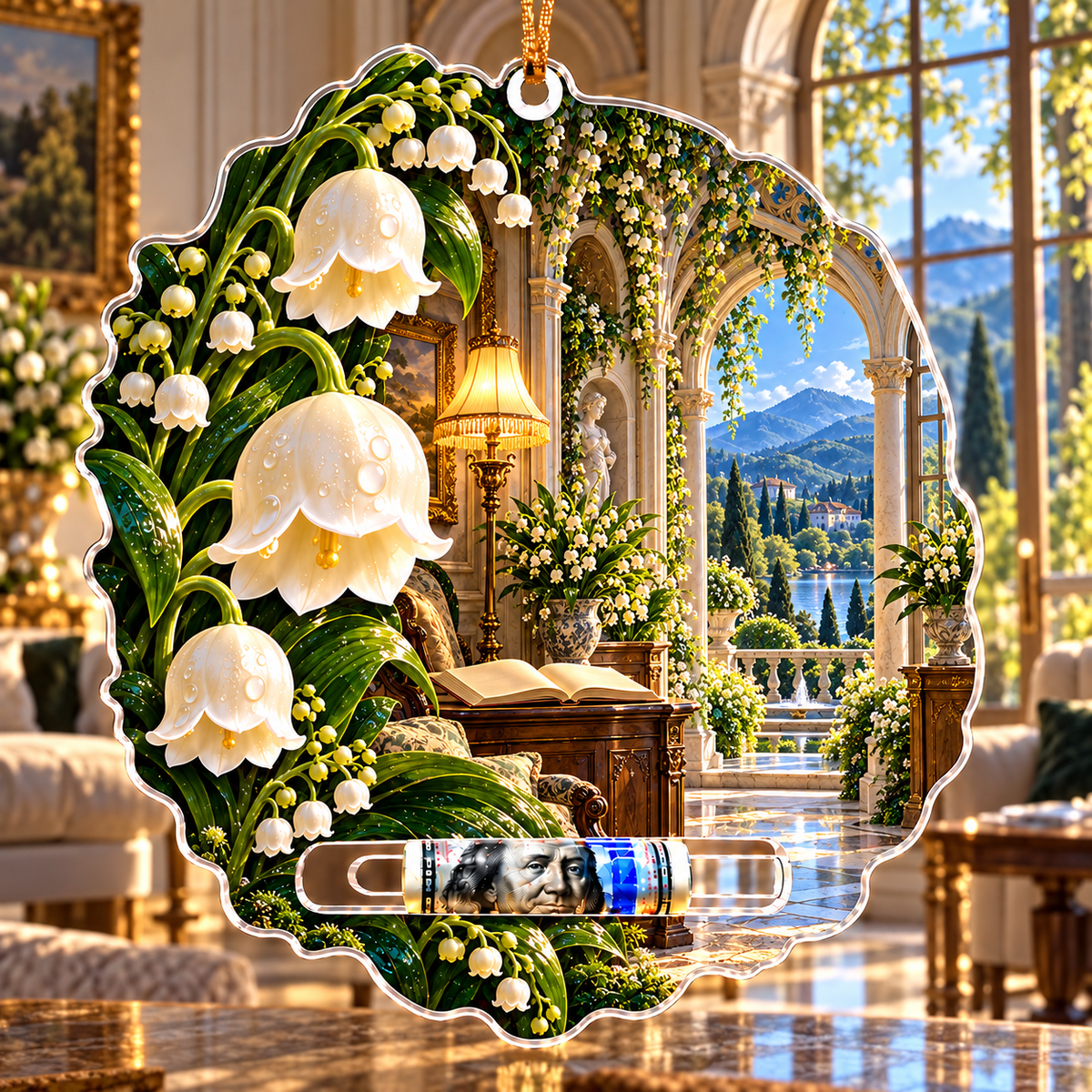 Lily Bell Grand Salon Acrylic Cash Holder Ornament with printed optical 3D artwork in its use setting
