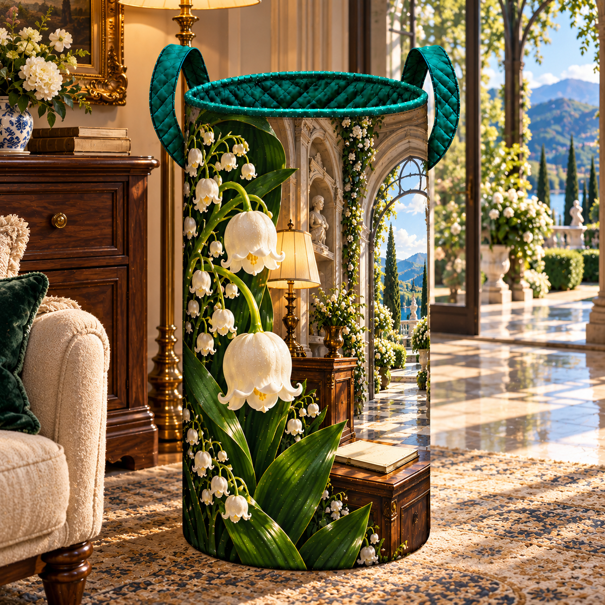 Lily Bell Grand Salon Laundry Hamper with printed optical 3D artwork in its use setting