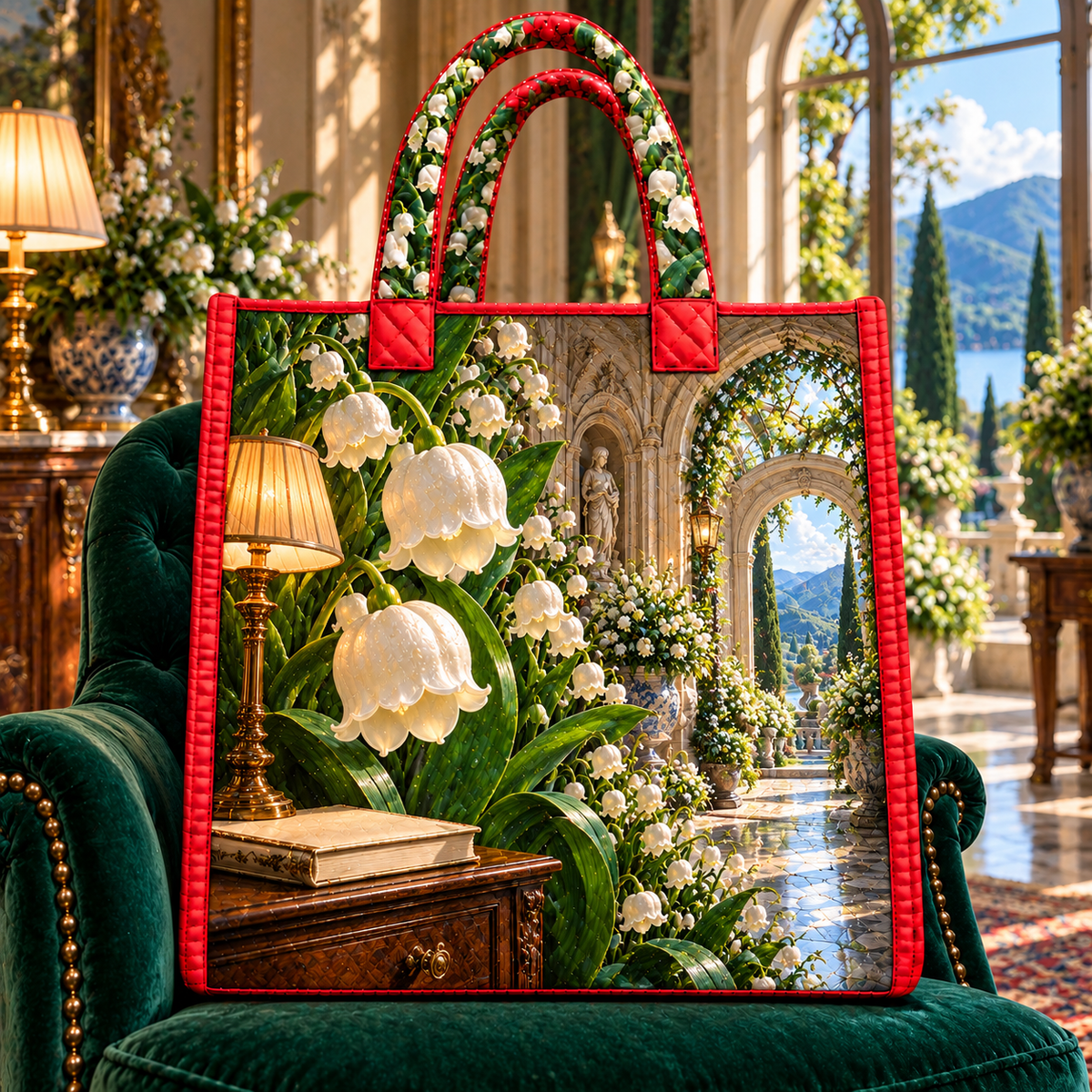 Lily Bell Grand Salon Quilted Tote Bag with printed optical 3D artwork in its use setting