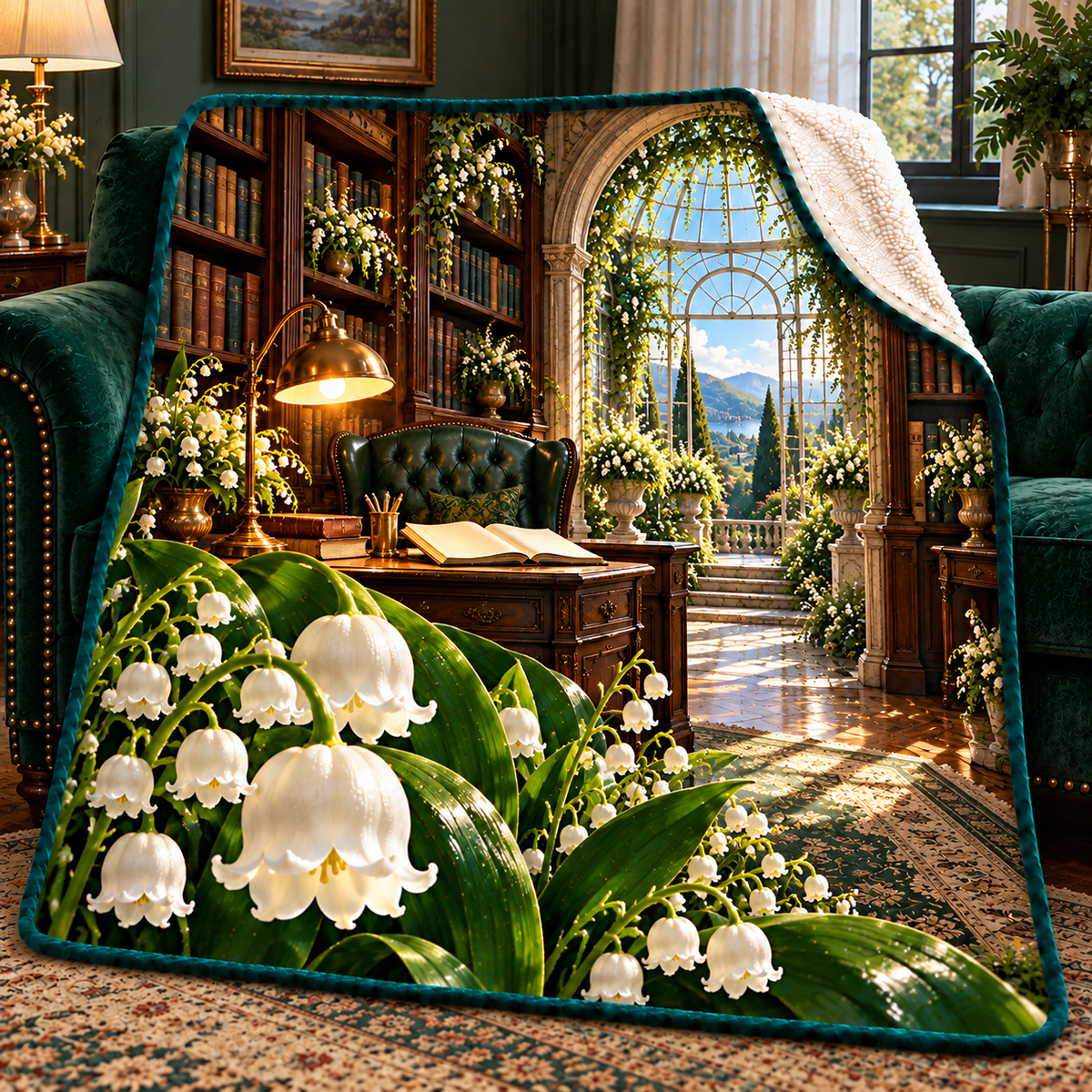 Lily Bell Scholar Atrium Sherpa & Fleece Blanket with printed optical 3D artwork in its use setting