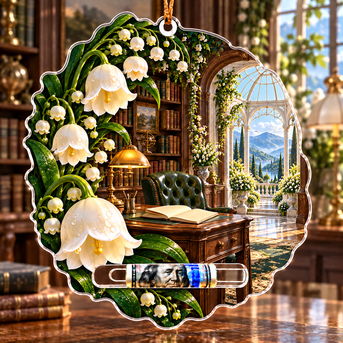 Lily Bell Scholar Atrium Acrylic Cash Holder Ornament with printed optical 3D artwork in its use setting